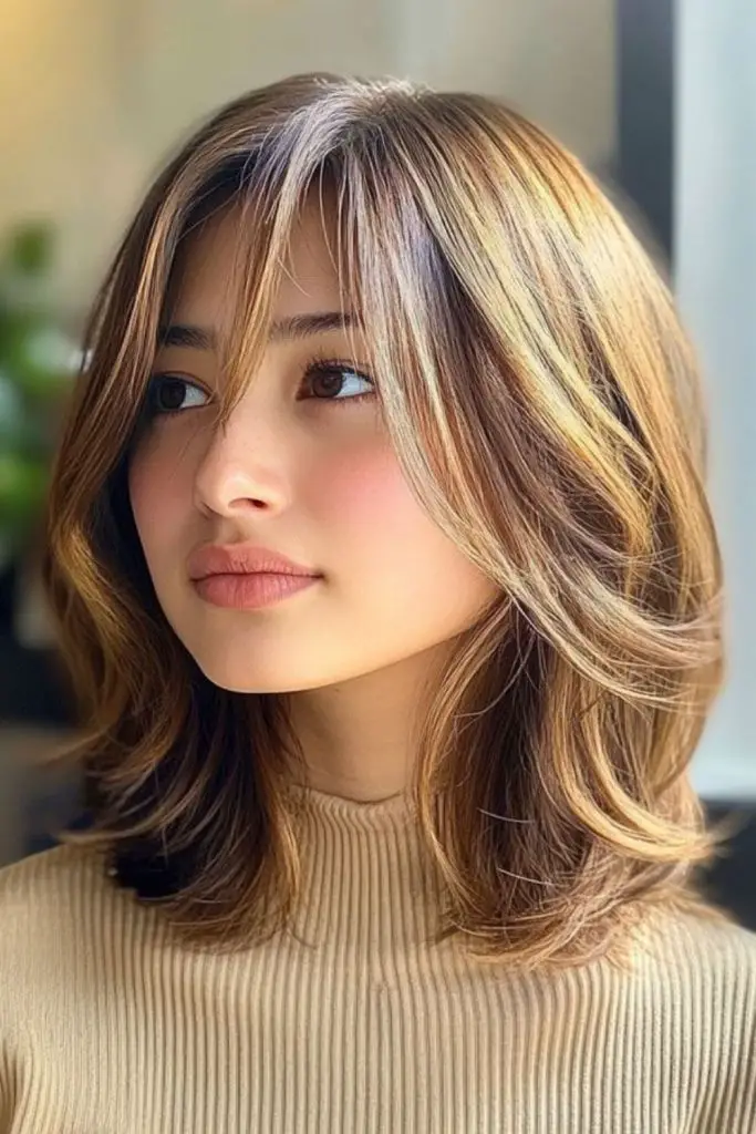 Layered bob swooping with fiery grace