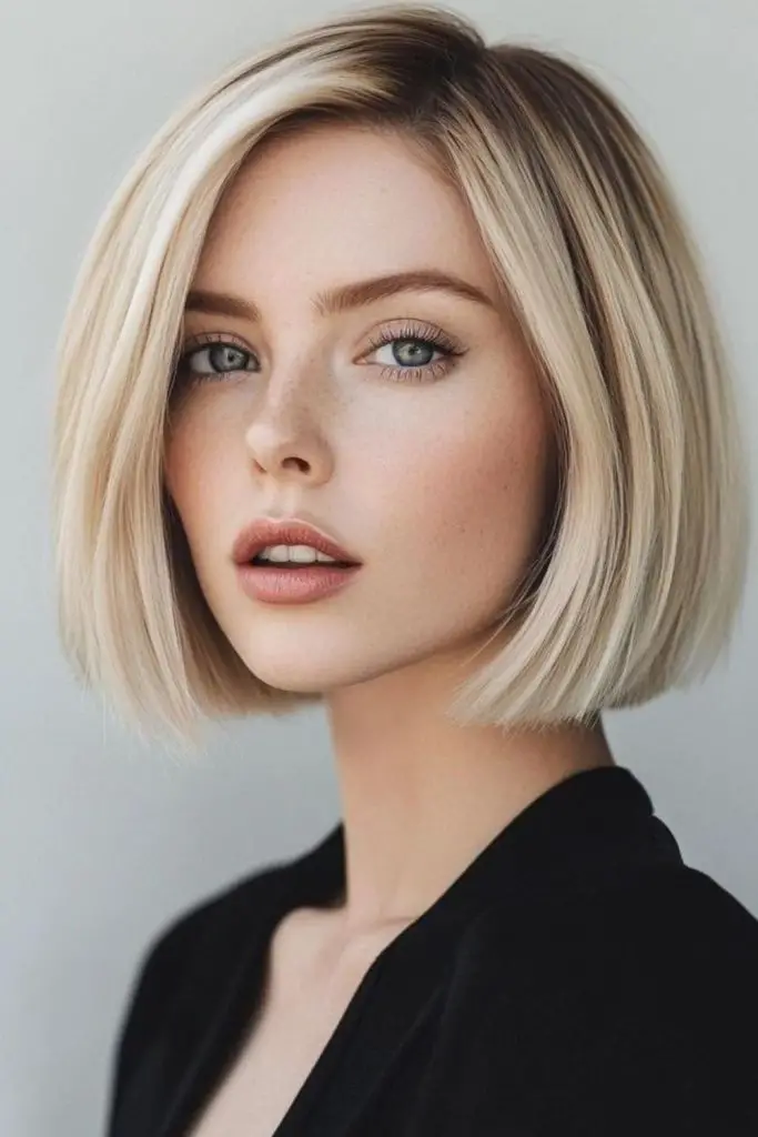 Soft blonde bob with sharp jawline.