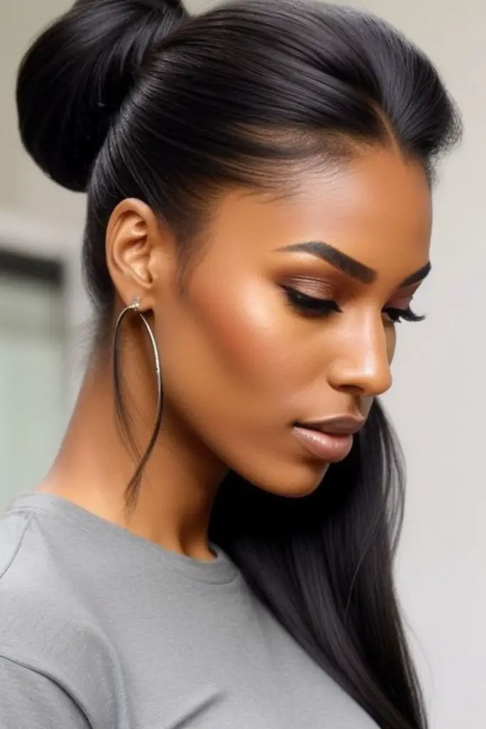 Crown-high puff ponytail full volume.
