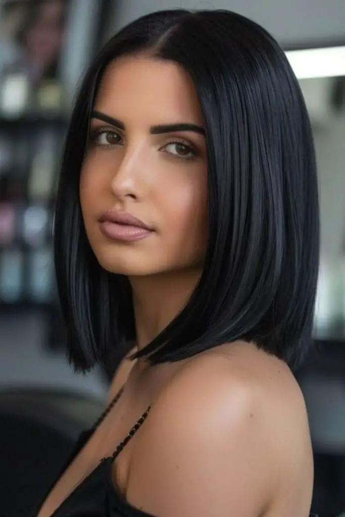 Jet black bob with straight ends
