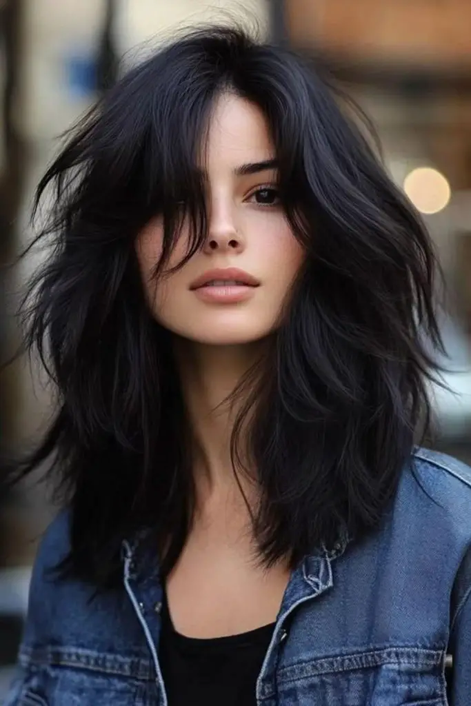 Razor-cut edgy layers at collar.