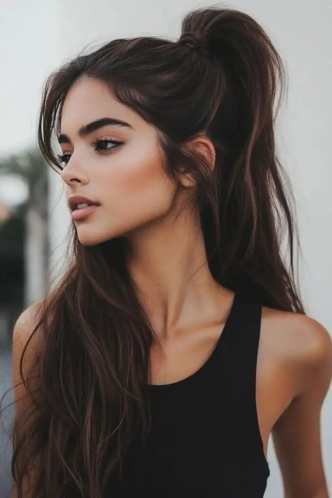 High ponytail with backward soft waves.