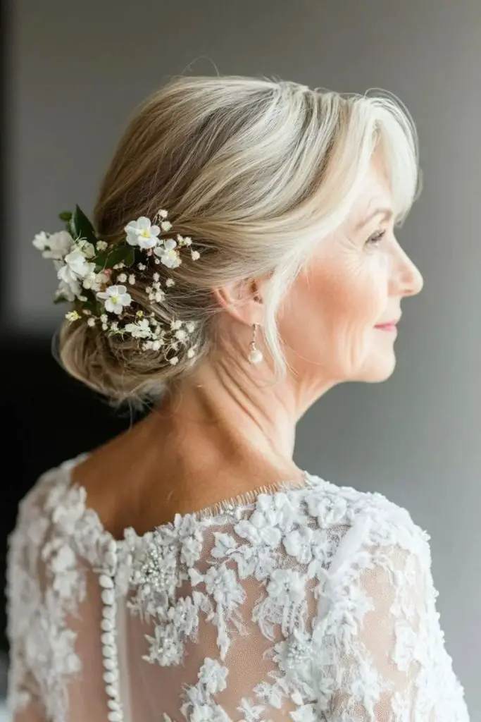 Soft low bun with floral accent.