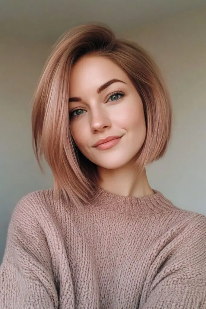 Rose-toned bob with angled ends.