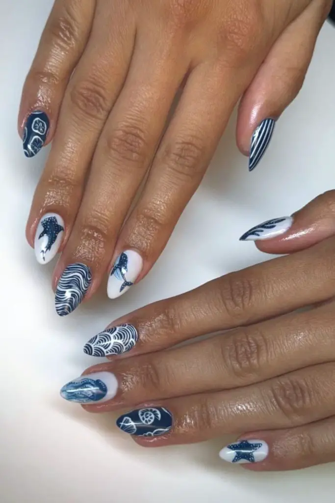 Tan nails with scattered shell-like.