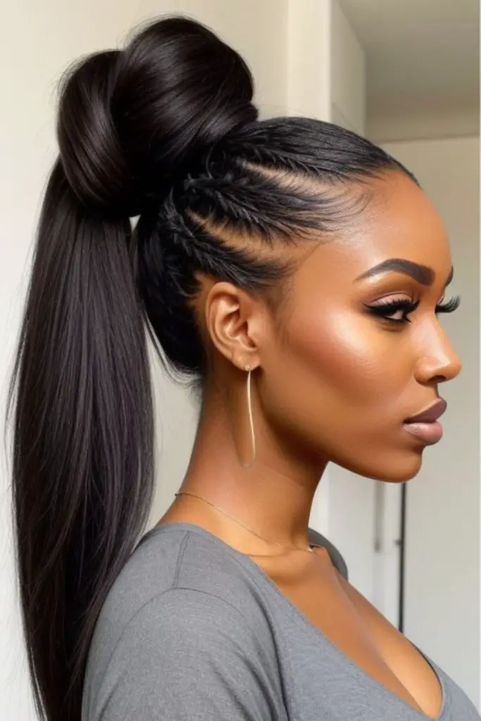 Floral-shaped braided ponytail with shine.
