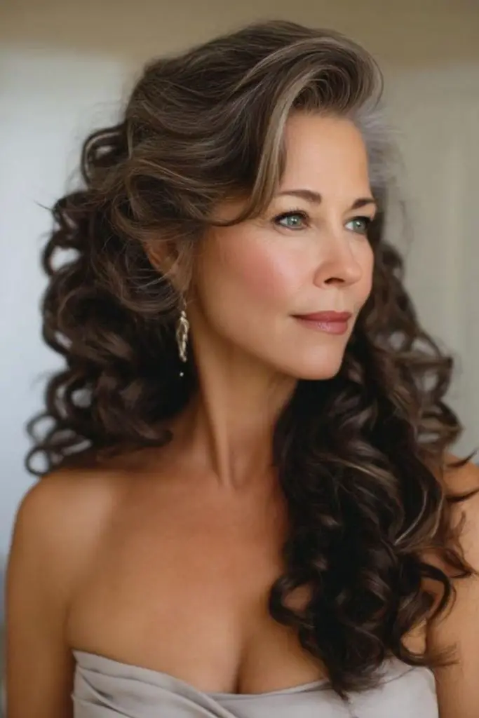 Side swept curls with romantic movement.