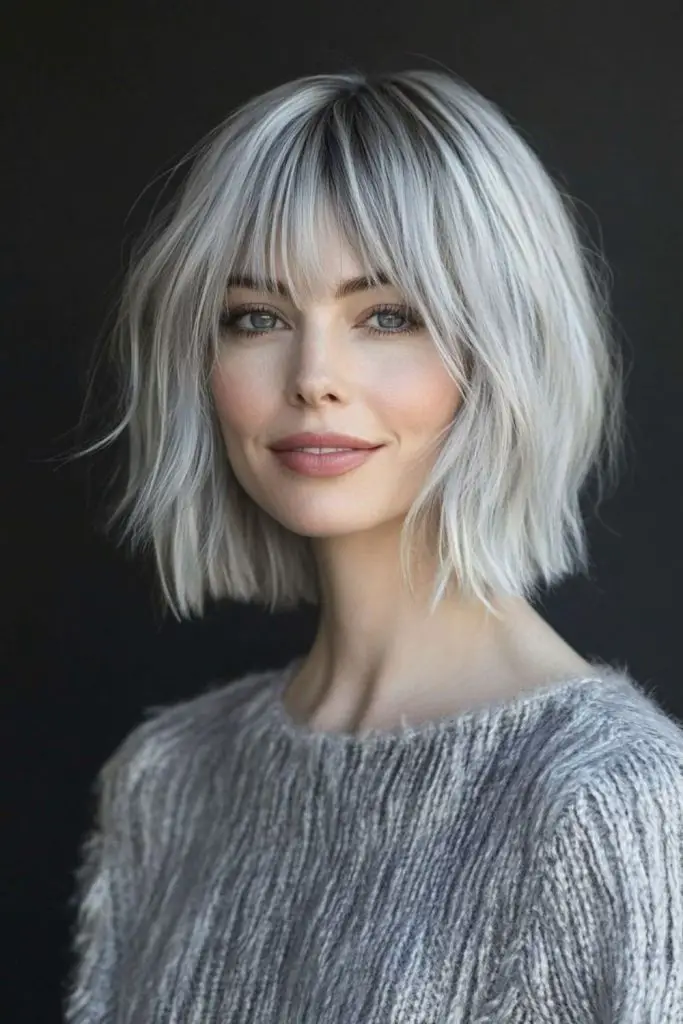 Icy silver bob with heavy bangs
