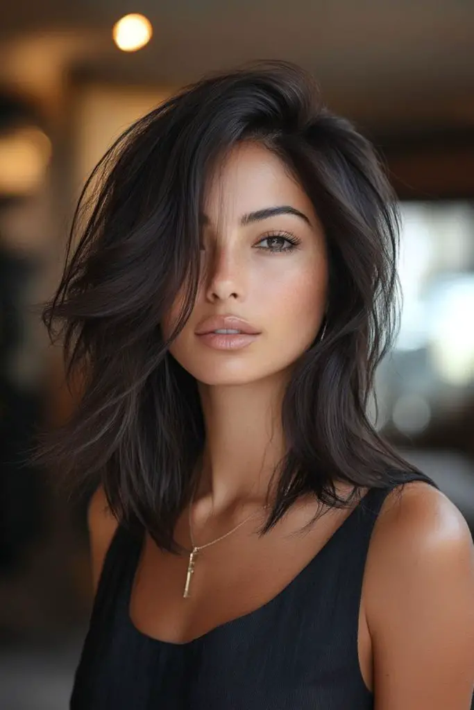 Jet-black sleek lob with shine.