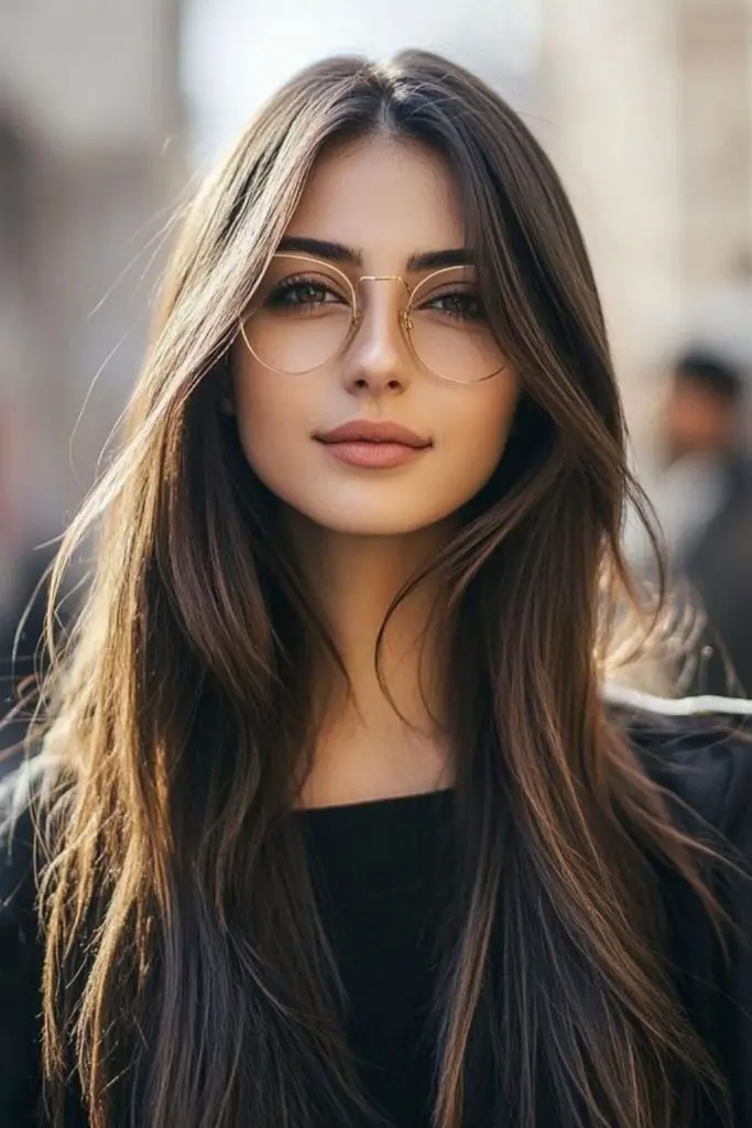 Glossy center-part with straight long hair.
