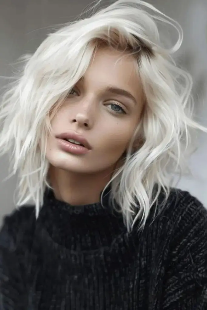 Wind-swept platinum bob lightning vibes