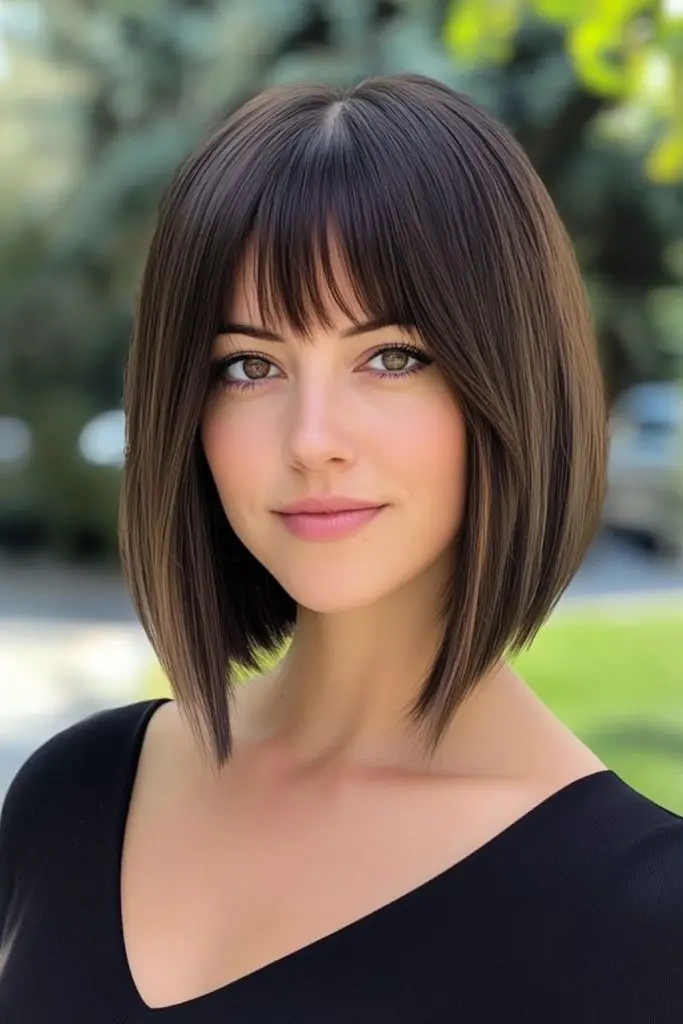 Sharp-angled bob with bold bangs