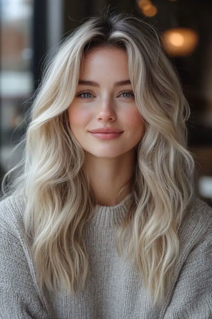 Wavy vanilla blonde with bold volume.