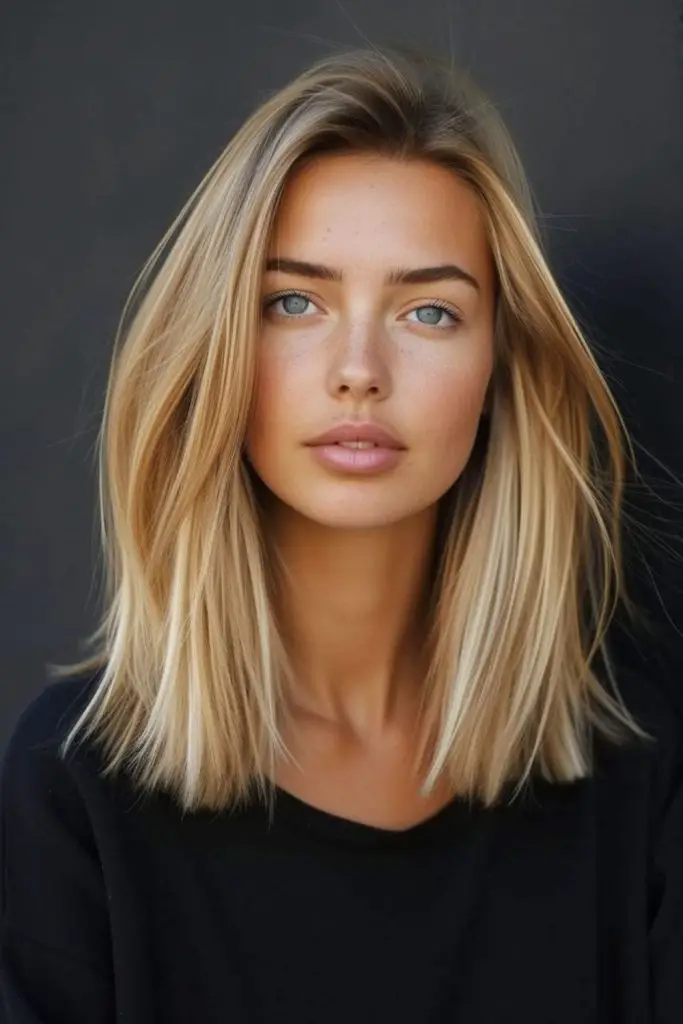 Golden blunt hair with soft glow.