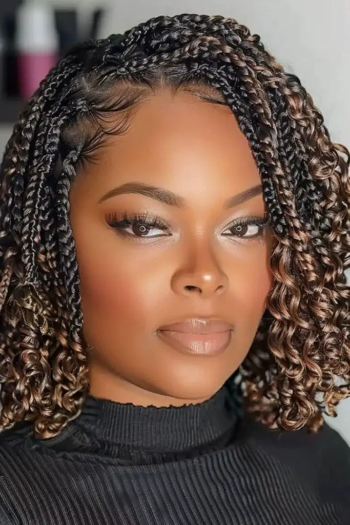 Light brown knotless braids with curls