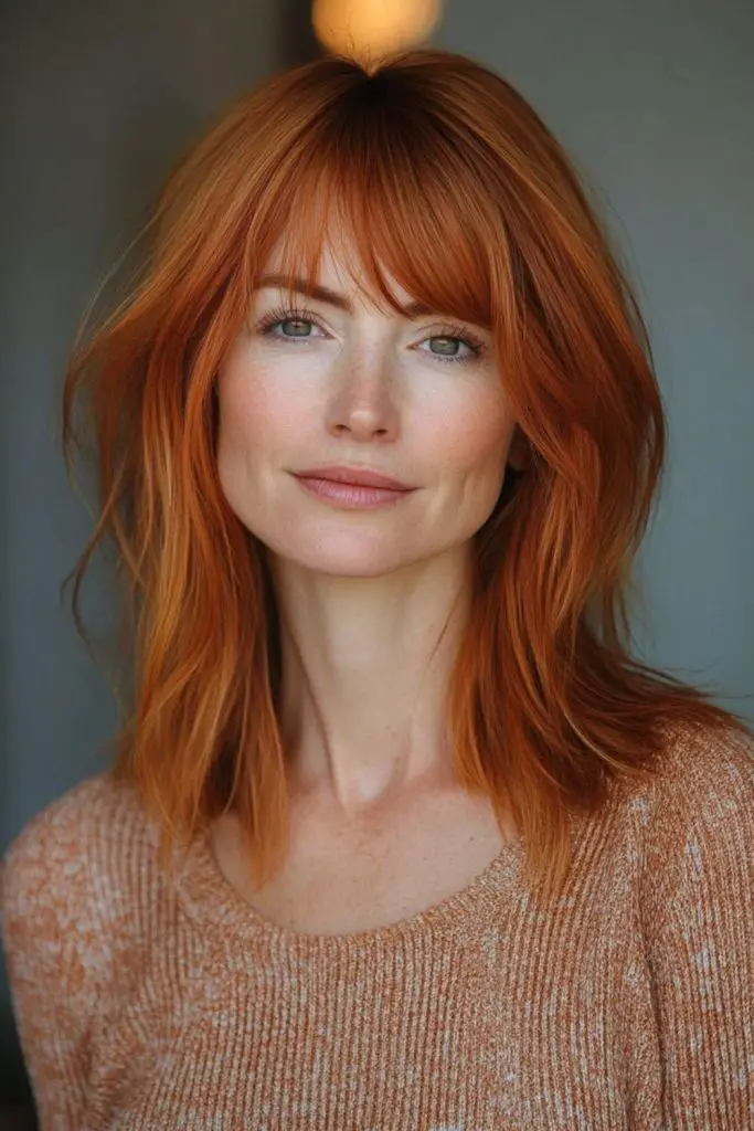 Copper lob with parted curtain bangs