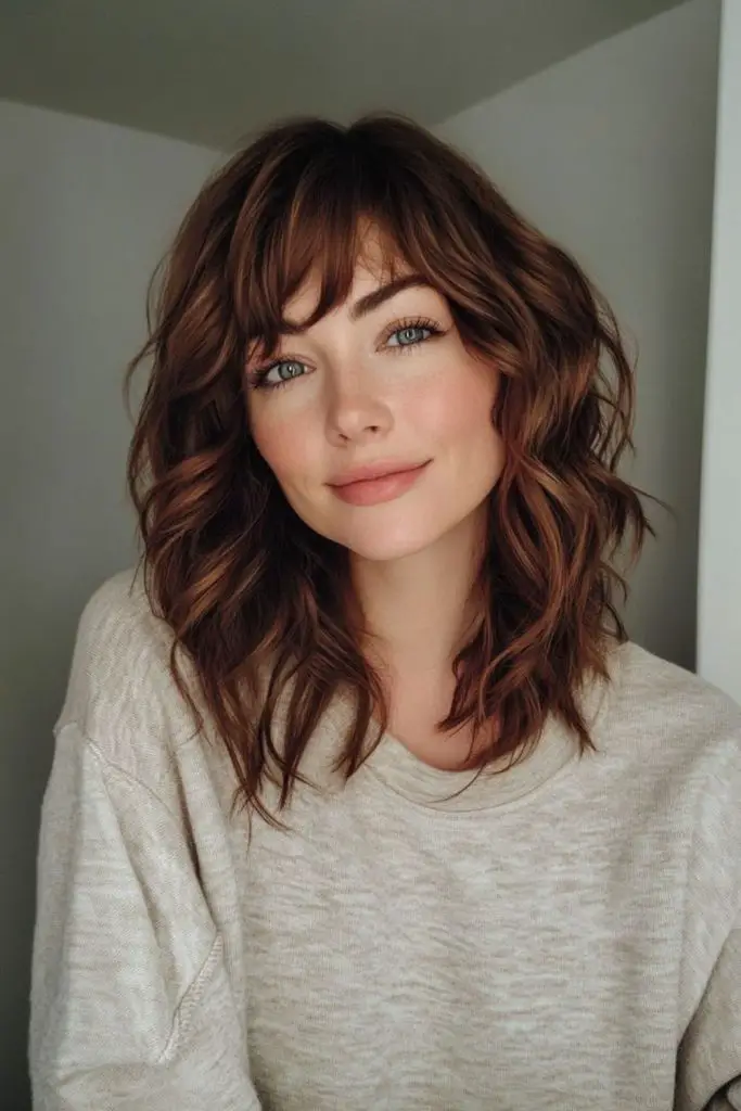 Auburn curls and parted curtain fringe