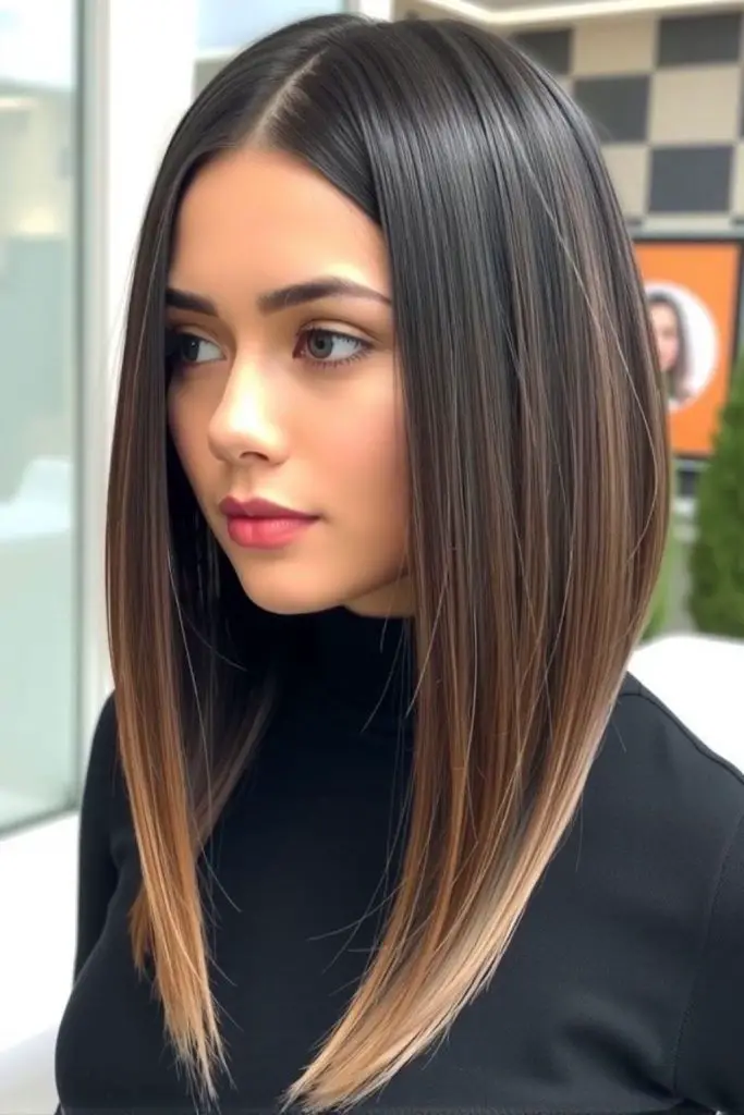 Asymmetrical angled cut with edgy finish.