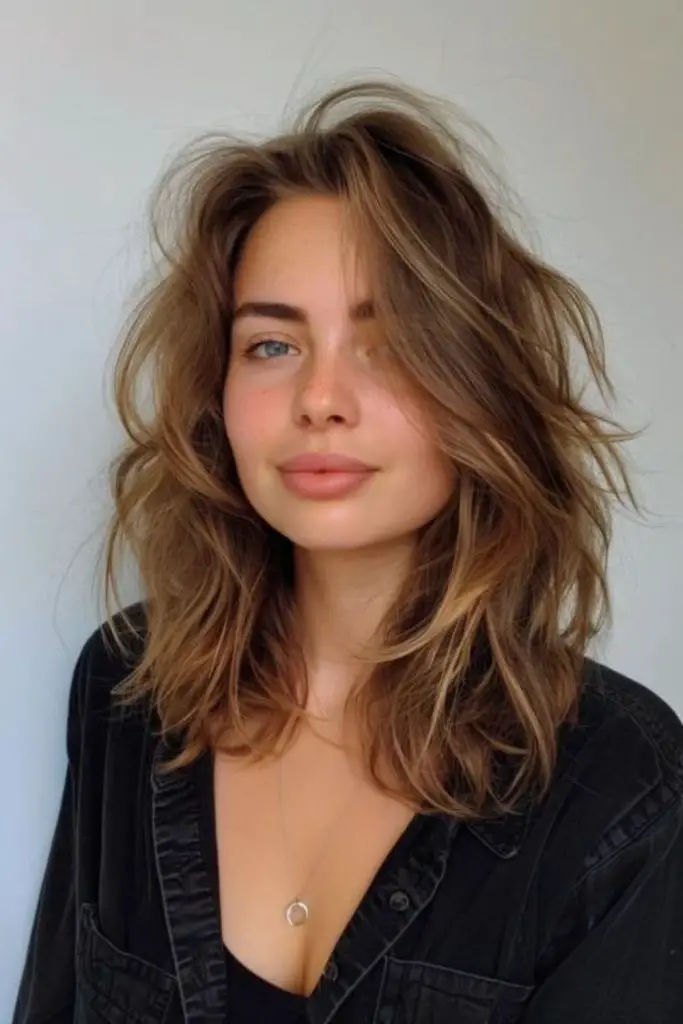 Messy mid-length hair with volume.