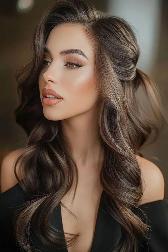 Side-swept hair with tousled finish.