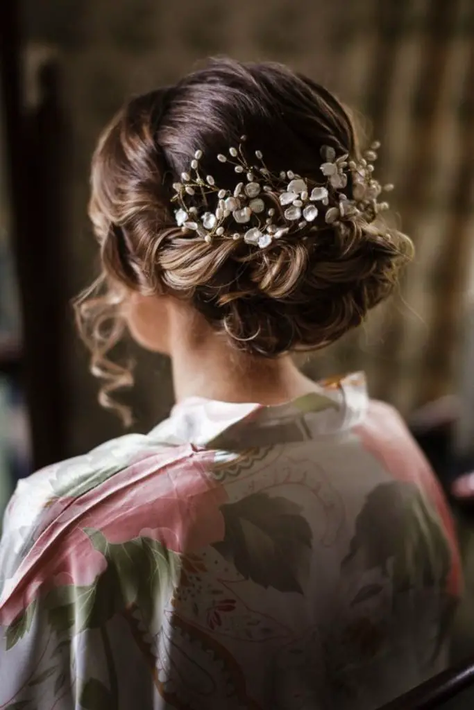 Twisted crown bun with floral pins