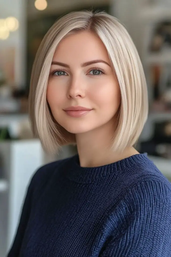 Pale blunt bob with soft structure.