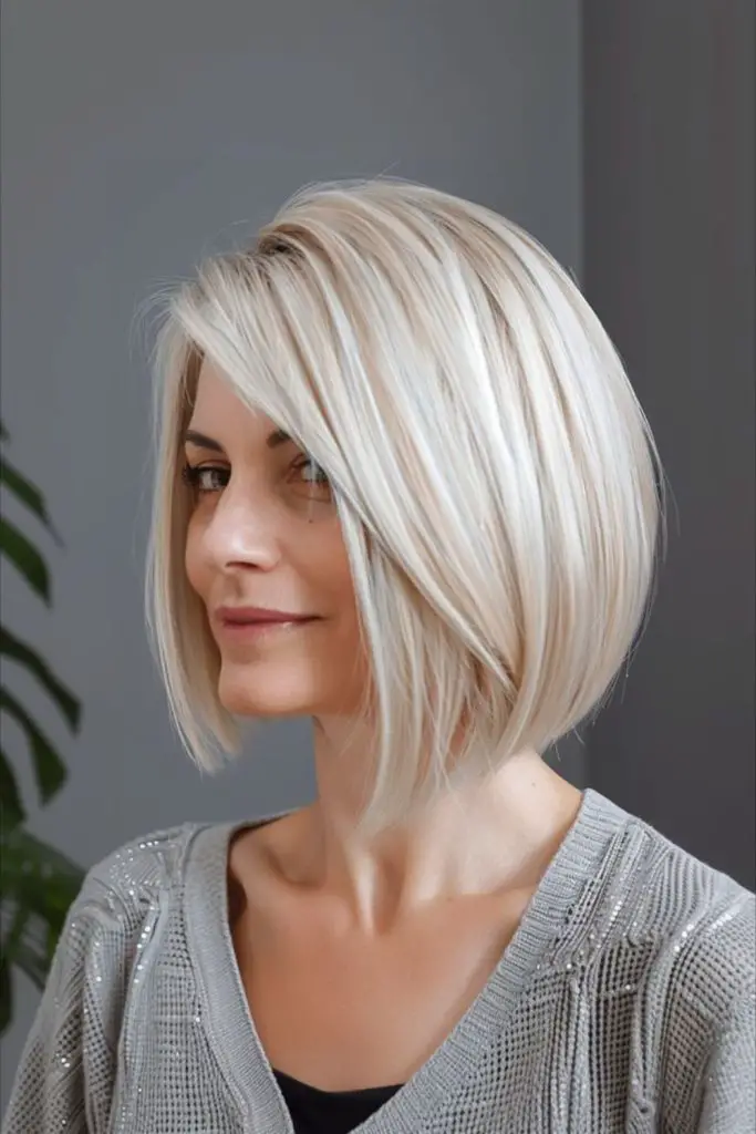 Flowing platinum bob with sleek shine