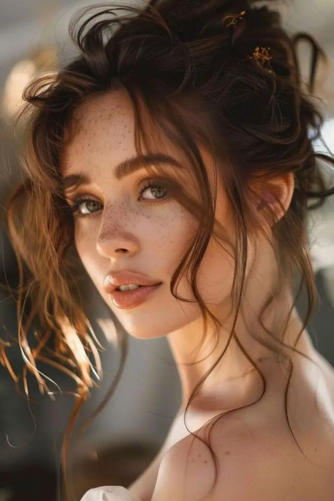 Messy looped bun with falling strands.