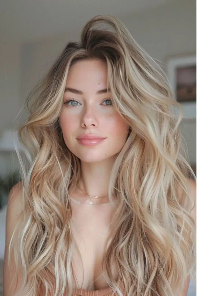 Flowing vanilla blonde with golden shimmer
