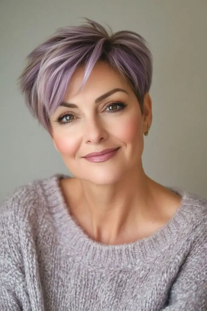 Violet ash haircut with angled ends