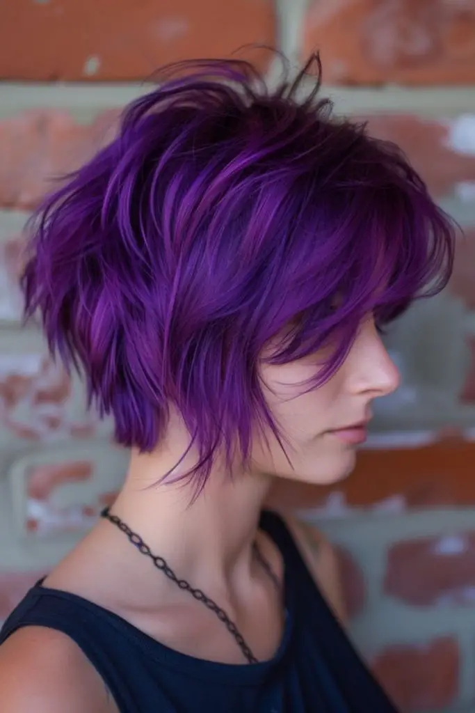 Purple bob swirling with chaotic layers