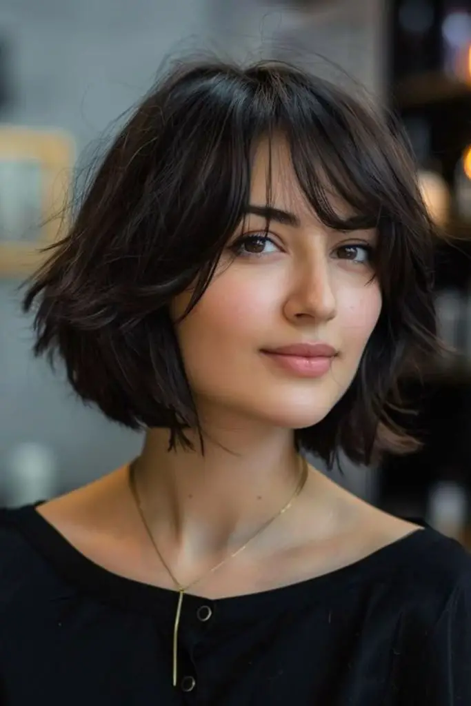 Wispy black bob with airy bangs