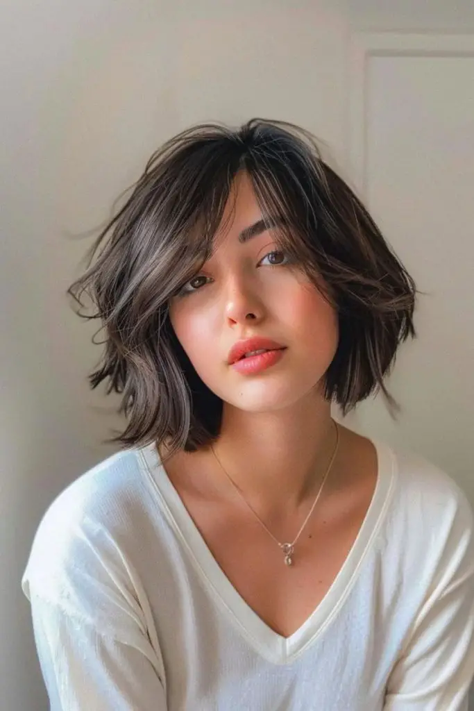 Thick bob with choppy forehead bangs.