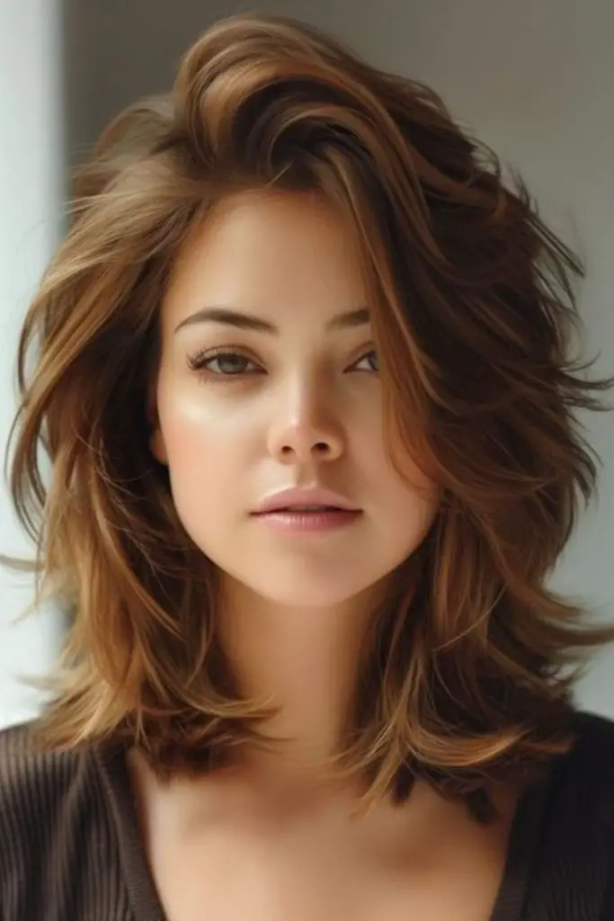 Soft feathered layers framing collarbone length.