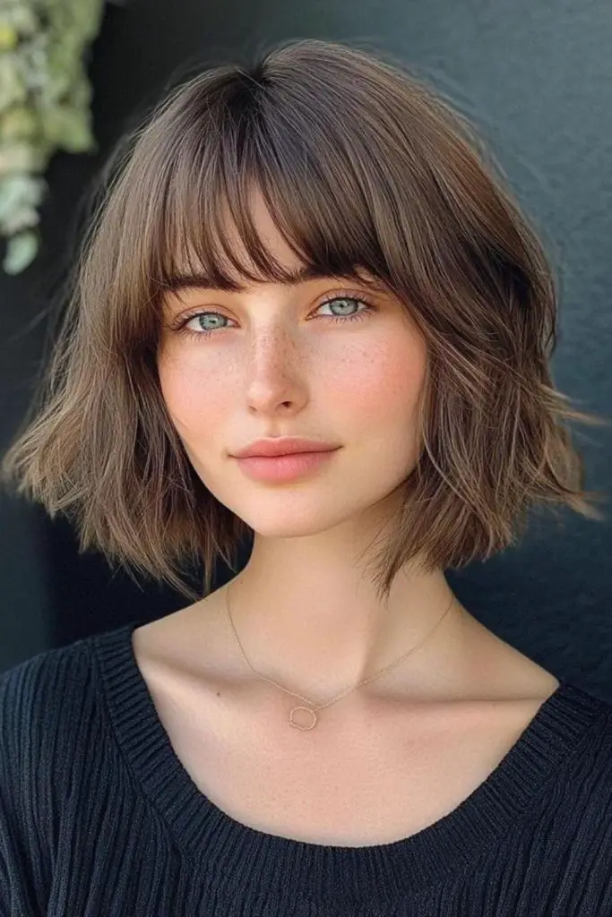  Earthy brown bob with curved fringe
