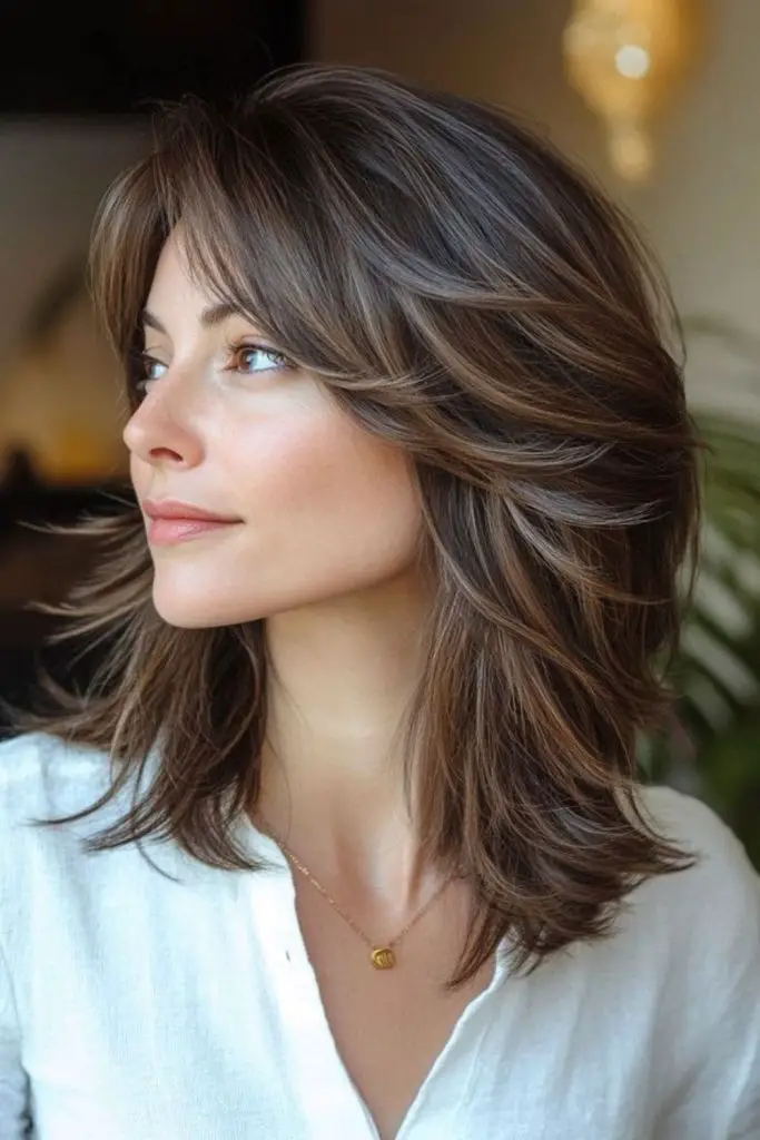 Zig-zag hair part with dramatic shape.