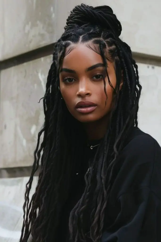 Geometric zigzag braids across scalp.