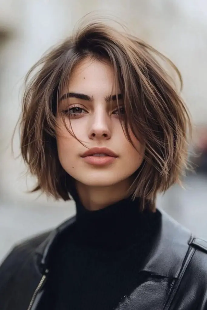 Curved bob with asymmetrical warm tone.