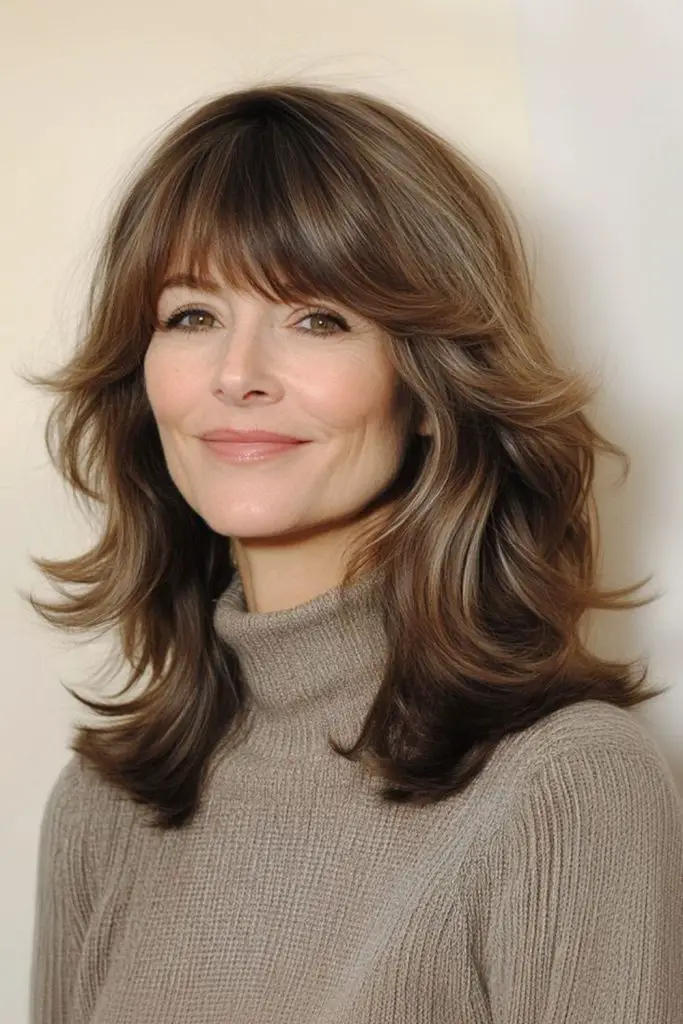 Almond layered cut with wispy bangs.