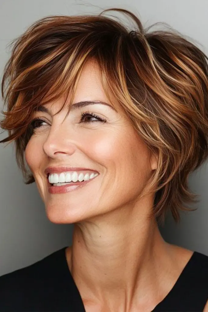 Tousled bob glowing with amber streaks.