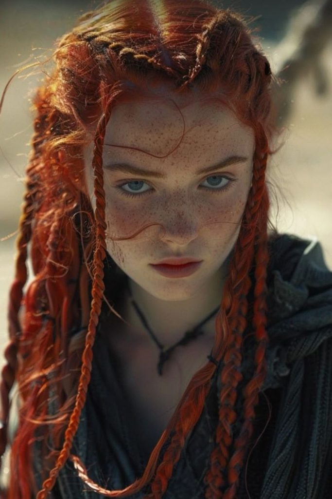 Celtic priestess with braided scarlet locks.