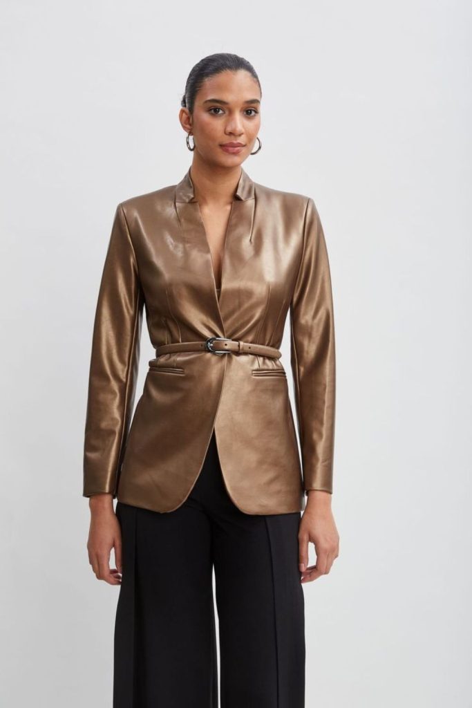 Antique bronze jacket autumn reflective ensemble.