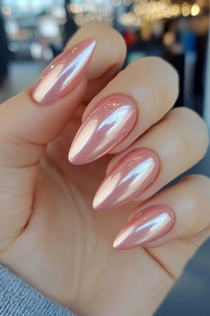 Peach nails silver shimmer frosty effect