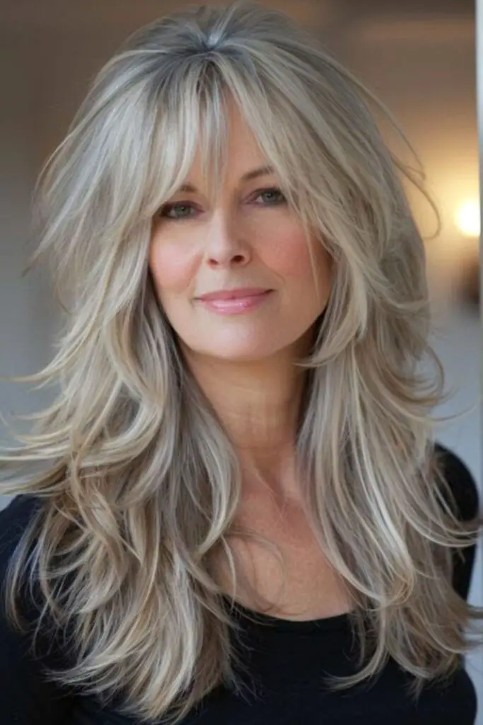 Ash blonde shag with choppy bangs.