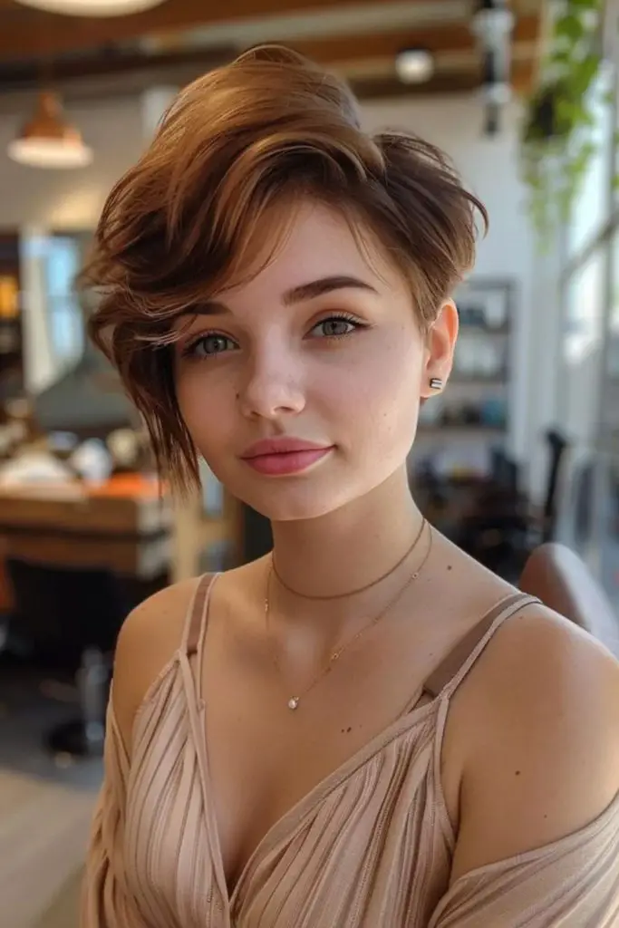 Asymmetrical pixie with side swept bangs