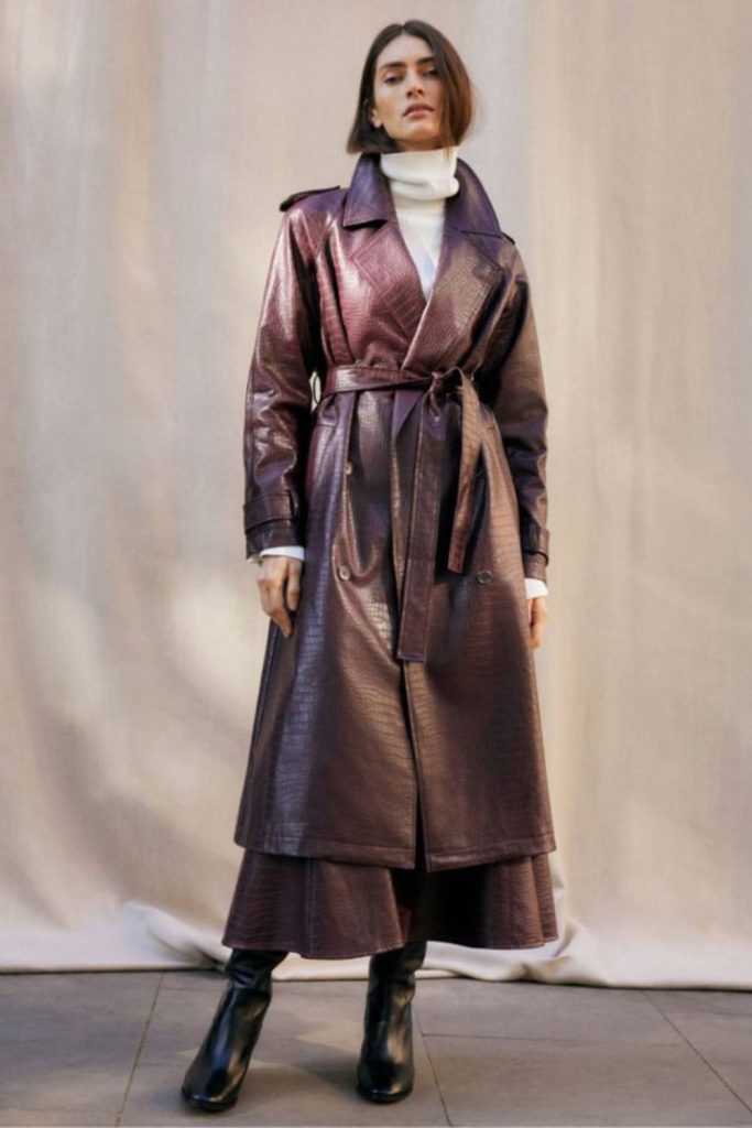 Auburn velvet coat dramatic fall look.
