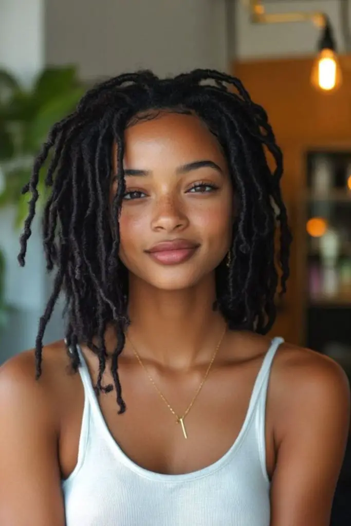Short locs with fuzzy growing roots
