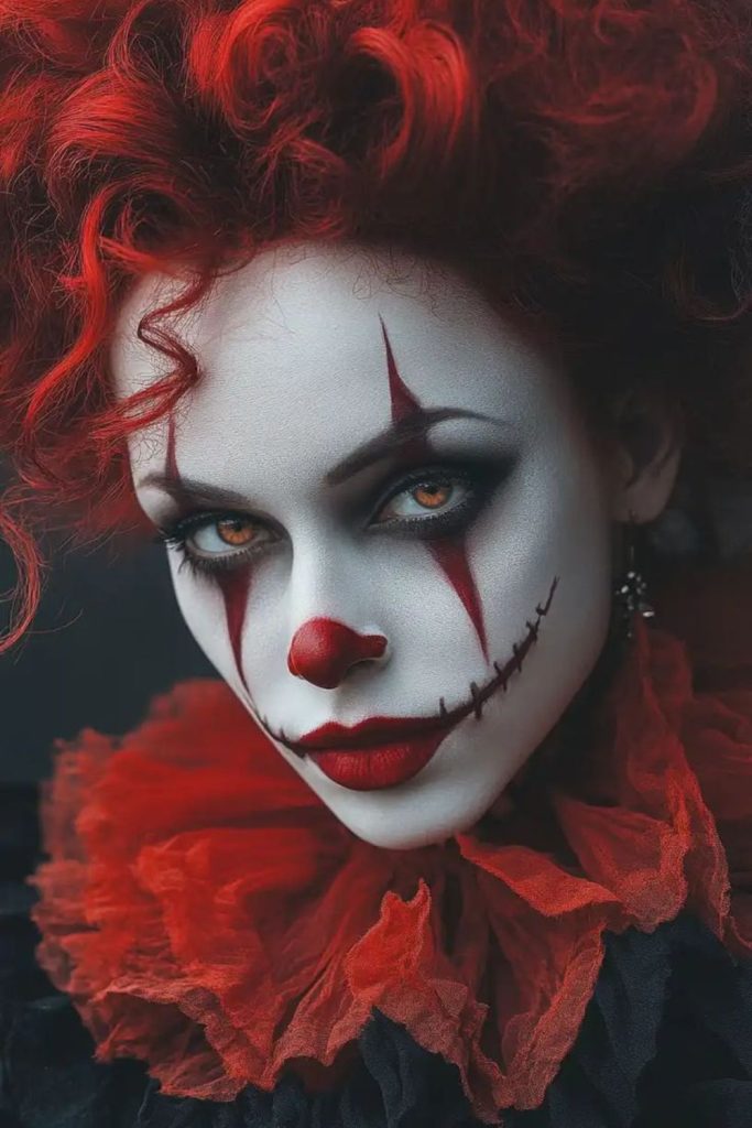 Harlequin trickster with scarlet pigtails.