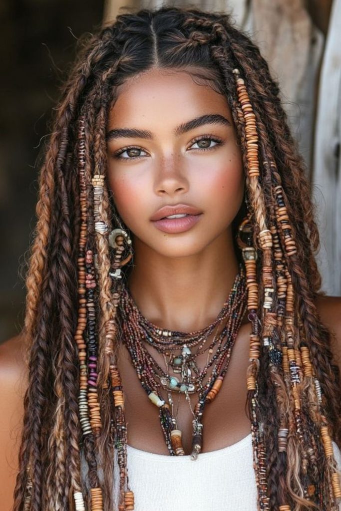 Boho locs styled with wooden beads