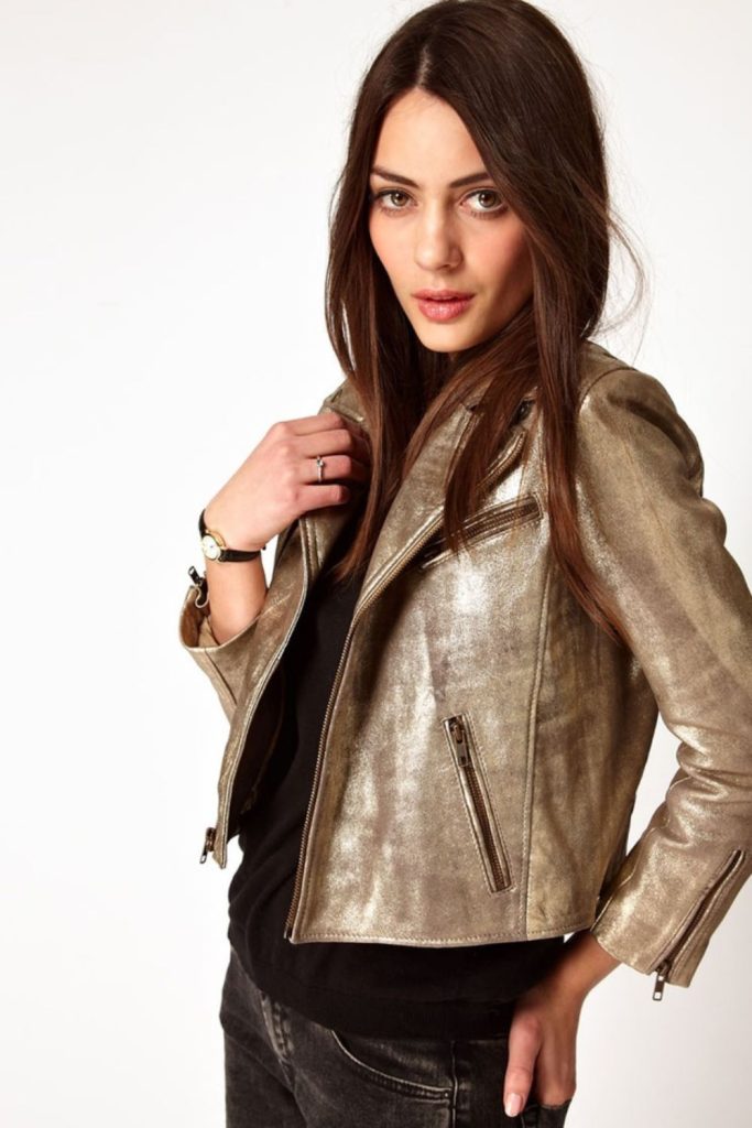 Bronze metallic jacket reflective fall outfit.